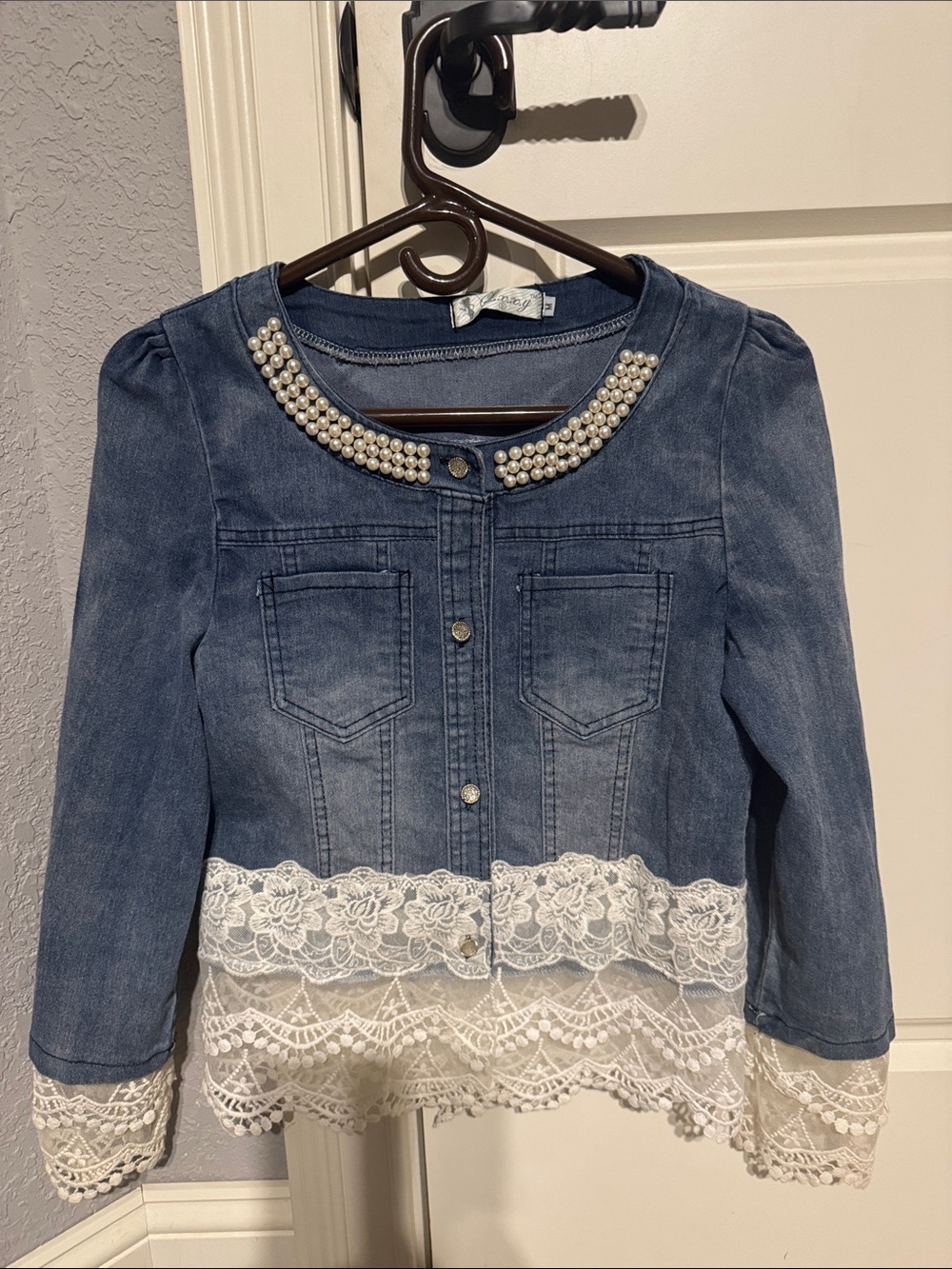 Pearl-Trim Denim Jacket with Lace Hem - Blue